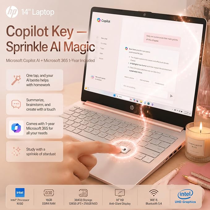 HP 14 Laptop for Students and Home Use, Intel Processor N150, 16GB RAM | 128GB UFS+256GB MSD, 14" HD Display, Wi-Fi 6, 1-Year Microsoft 365, Copilot AI Key, Lightweight, Pale Rose Gold, W/Mouse - Image 6