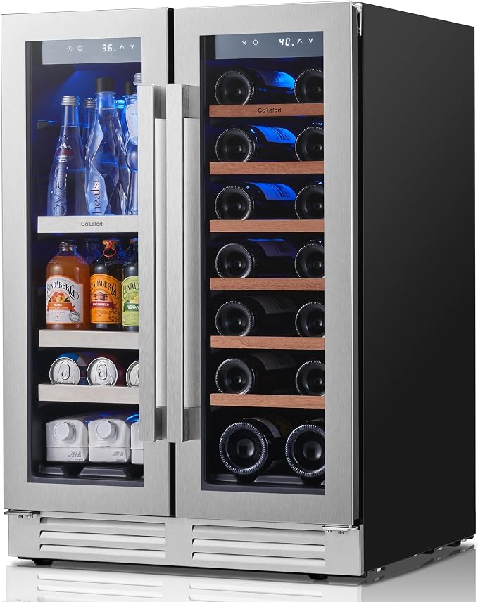 Ca'Lefort 24 Inch Wine & Beverage Refrigerator, 60 Can & 20 Bottle | 36-72°F Touch Control, Dual-Pane Glass Door, Adjustable Shelves, 3 Color LED, Built-In or Under Counter for Home Bar Kitchen by CaLefort