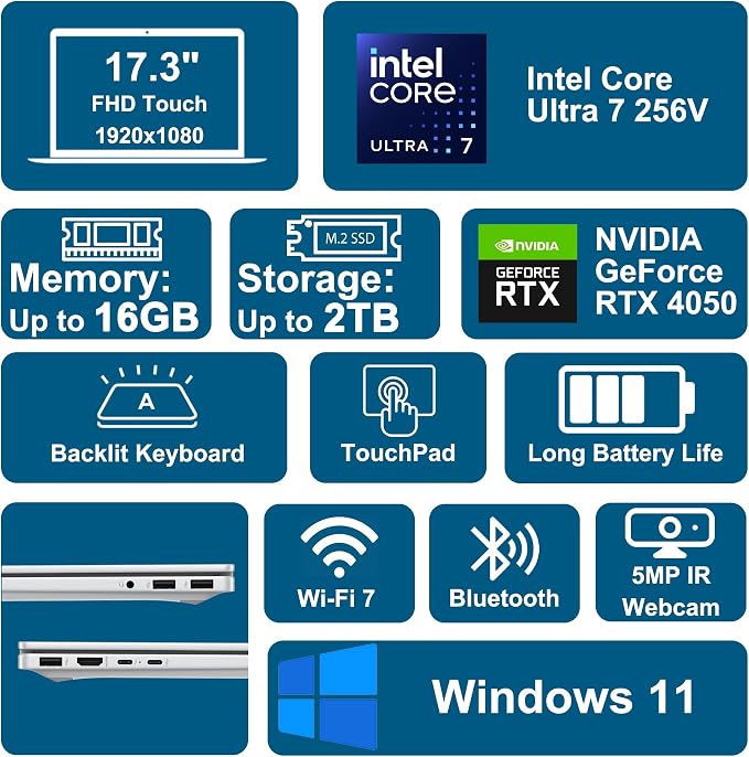 HP OmniBook X AI Laptop 17.3" FHD Touch Intel 8-core Ultra 7 256V 47 AI Tops 16GB RAM 1TB SSD GeForce RTX 4050 Thunderbolt Backlit Wi-Fi7 for Creator Designer Business Professional Win11 ICP Hub - Image 3