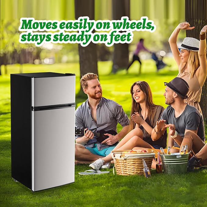 DEMULELR 4.5Cu.ft Refrigerator with Freezer Two Door Fridge with Removable Glass Shelves, Crisper Drawer & Extra Drink Space, LED Light, Apartment Size Fridge for Dorm Silver - Image 5