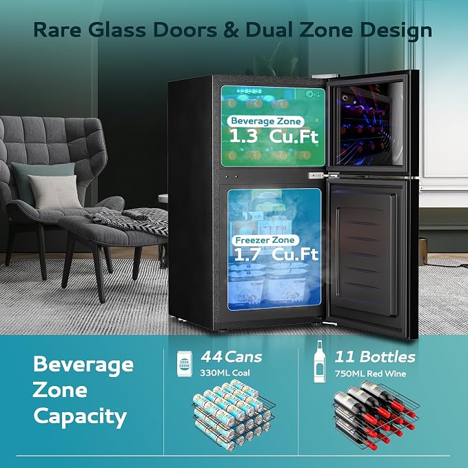 EUHOMY Double Door Mini Fridge With Freezer, Freestanding Wine Cooler Refrigerator With Reversible Door, Compact Refrigerator Temperature Control, Wine Fridge Perfect For Kitchen Home Office. - Image 2