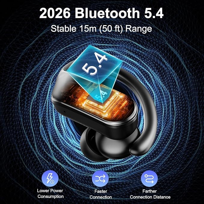Ordtop Sport Wireless Earbuds with Earhooks, 70H, IPX8 Waterproof, Blue | Bluetooth 5.4, 4 ENC Microphones, Deep Bass Sound, LED Display, USB-C Fast Charging, Secure Fit For Running, Gym And Workouts - Image 3