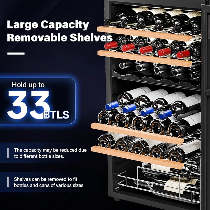 ROVSUN 33 Bottle Wine Fridge, Dual Zone Wine and Beverage Refrigerator with Independent Temp Control & LED Control Panel, Freestanding Wine Cooler Chiller for Red White Wine, Champagne, Beer - Image 3