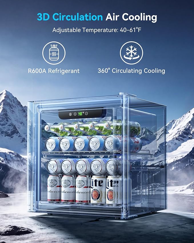 Feelfunn 50 Can Beverage Refrigerator, 1.3CuFt Mini Fridge with Glass Door | 40-61°F, ≤38dB, fast even cooling, removable shelf. For soda, beer, wine, 50 cans or 12 bottles in bedroom, office, dorm - Image 8