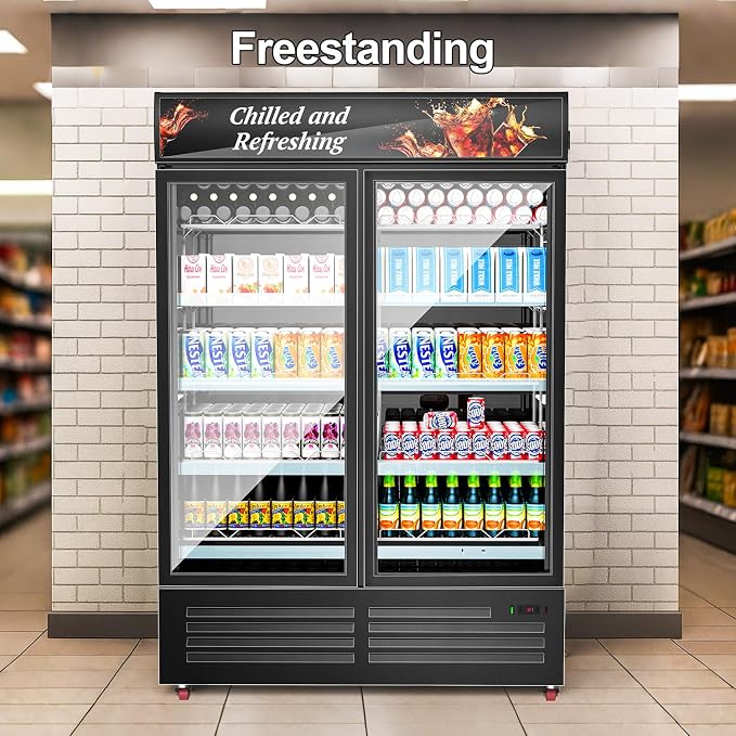 Commercial 2 Glass Door Display Beverage Refrigerator 1370 Can Black | Fast cool, self-closing door, ad board, LED light, for store/office - Image 8