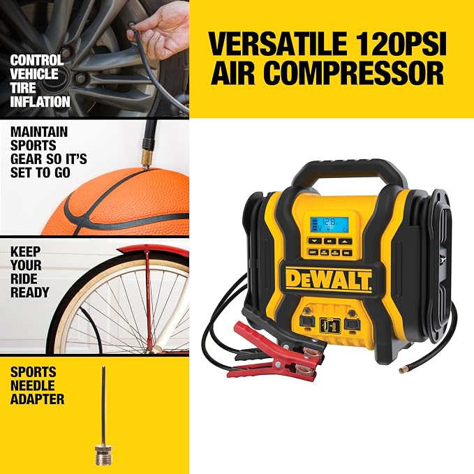 DEWALT DXAEPS14 2000 Peak Battery Amp 12V Automotive Battery Booster Jump Starter/Power Station with 120 PSI Compressor, 500W AC Power Inverter, and 15W USBa & 25W USB Ports - Image 3