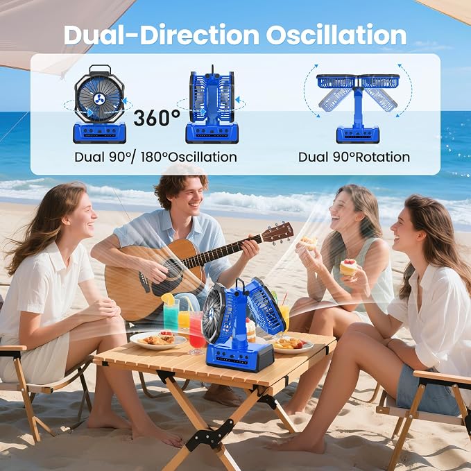 Dual Head Portable Rechargeable Fan 20000mAh Battery Powered Camping Fan Cordless with LED Lantern & Remote, Auto Oscillation, Hook, Battery Operated for Tent Office Travel Picnic Jobsite Orange - Image 5