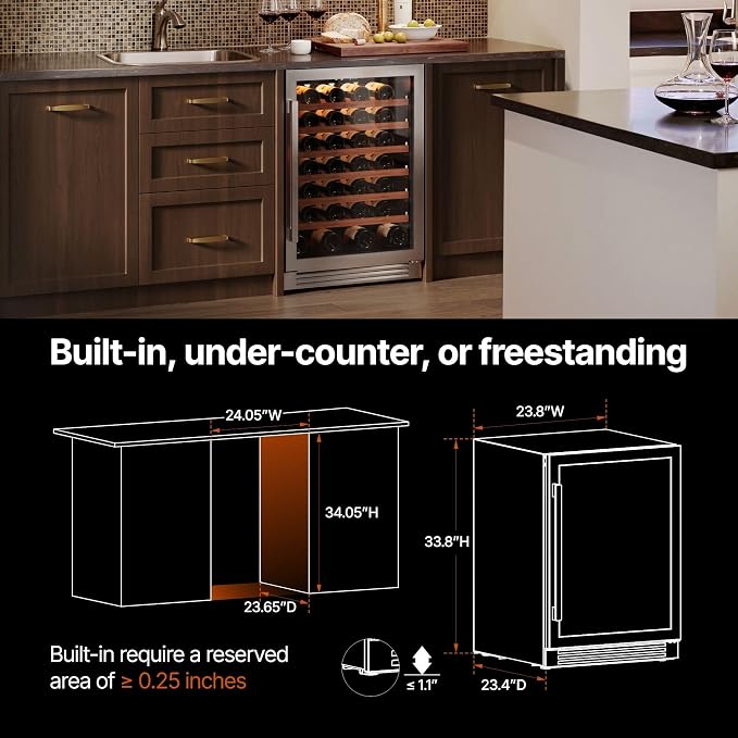 Ca'Lefort 24 Inch Wine Fridge, 61 Bottle Under Counter Wine Cooler | 40-65°F Touch Control, Dual-Pane Glass Door, Adjustable Shelves, 3 Color LED, Built-In or Under Counter for Home Bar Kitchen - Image 6