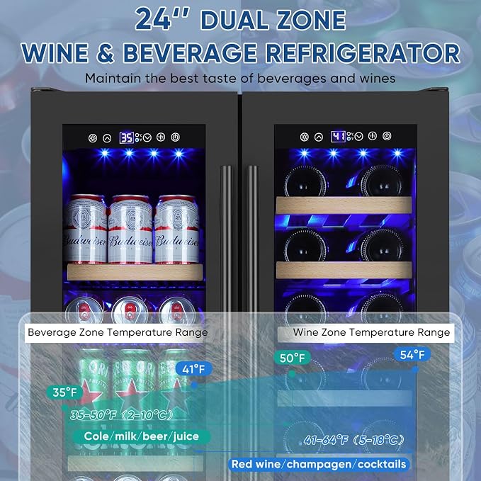 Wine and Beverage Refrigerator 24", Dual Zone Wine & Beverage Cooler with Glass Door and French Door, Built-In/Freestanding Wine and Beer Fridge Holds 21 Bottles & 88 Cans for Home/Bar - Black - Image 3
