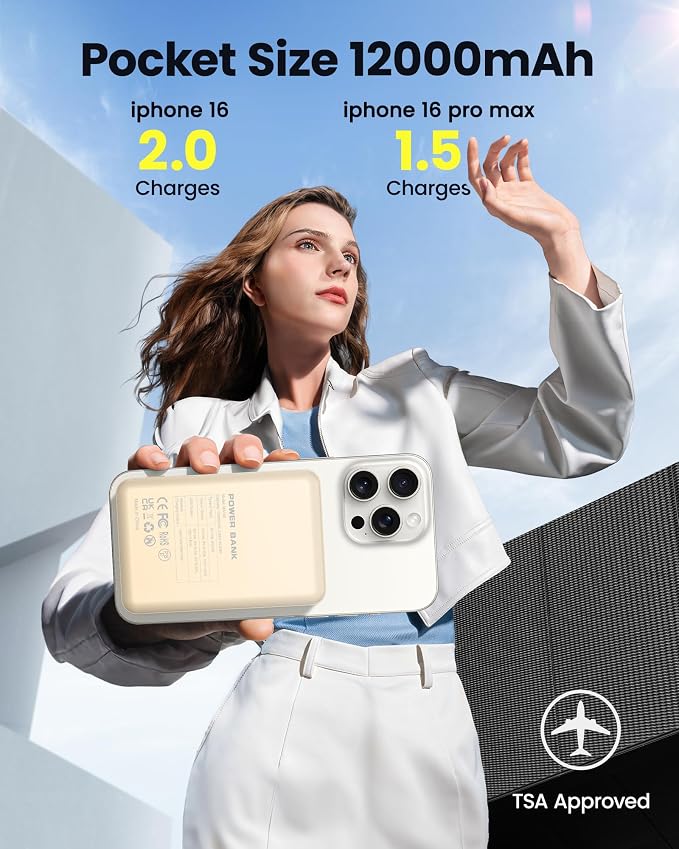 for Magsafe Battery Pack 12000mAh Magnetic Portable Charger Power Bank Wireless Battery Charger Fast Charging for iPhone 16/15/14/13/12 All Series Yellow - Image 3