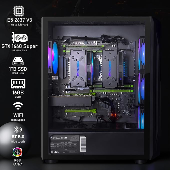 STGAubron Gaming PC Desktop,Dual Xeon E5,GTX 1660S 6G,16G DDR4,1T SSD | Gaming Computer Tower for Streaming,Video Editing,Home,School,E5 up to 3.7GHz,ARGB Fan,WiFi 6,BT 5.0,4K DP,HDMI,Win11 Pro - Image 5