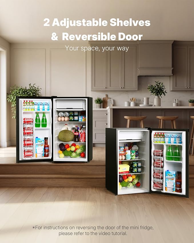 Upstreman 3.2 Cu.Ft Mini Fridge with Freezer, Black-BR321 | Adjustable Thermostat, Energy Saving, Low Noise, Reversible Door, Small Refrigerator for Dorm, Bedroom, Office - Image 5