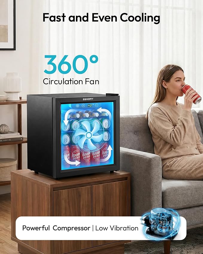 EUHOMY 48 Can Beverage Refrigerator cooler-Mini Fridge Glass Door for Beer Drinks Wines, Countertop Beverage Fridge with Adjustable Shelves Blue LED for Home/Office/Dorm/Bar, 1.3 cu.ft - Image 3