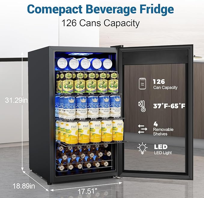 Velivi Mini Fridge 3.2 Cu.Ft Small Beverage Refrigerator 126 Can Lockable Drink Cooler with Glass Door, Safety Lock, for Beer Soda Black | 126 Can Drink Cooler with Glass Door, Safety Lock, for Beer Soda Black - Image 2