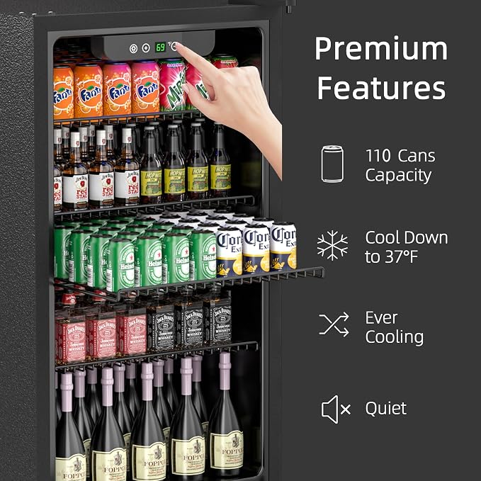 Erivess Beverage Refrigerator and Cooler, 110 Can/3.1 Cu Ft Mini Fridge with Glass Door, Adjustable Shelves for Soda,Bee,Wine, Free Standing Small Refrigerator, Digital Display, for Home, Bar, Office - Image 3