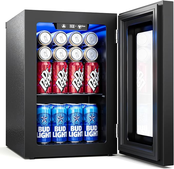 0.6 Cu.ft Beverage Cooler, Compressor Glass Door Mini Fridge 40-61°F Black | Freestanding for Office & Bedroom, Quiet Compressor, Low Energy Use, Holds Soda, Beer & Canned Drinks by Tehanld