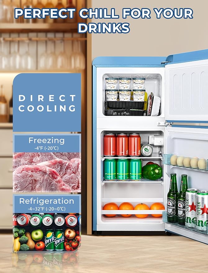 Anypro 3.2 Cu.Ft Refrigerator, Retro Double Door Fridge with Freezer, 7 Adjustable Temperature Settings, Removable Glass Shelves for Dorm, Office, Bedroom, Apartment, Sky Blue - Image 3