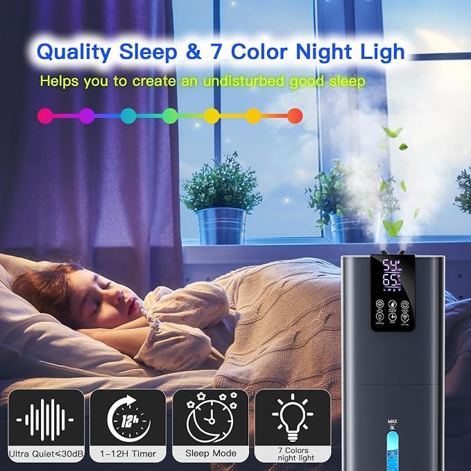Smart Humidifiers Large Room Bedroom Home, 2.11Gal(8L) Quiet Top Fill Cool Mist Humidifier, Smart App & Remote Control, 3 Speed Humidifier with 360° Nozzle, Humidity Setting for Baby Office(Blue) - Image 7