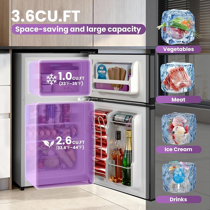 Tehanld 3.6 Cu.Ft Mini Fridge with Freezer for Dorm Office, Silver | Double Door Compact Refrigerator with Low Noise Technology, Removable Shelves for Bedroom and Apartment Storage - Image 3