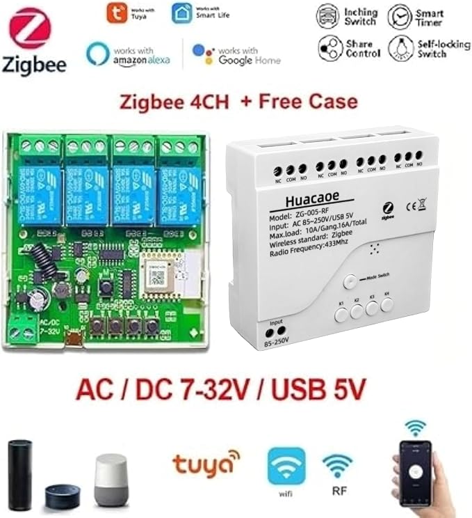 Zigbee 4CH AC 85-250V Relay Smart Switch Module, Wireless APP Remote Control - Image 2