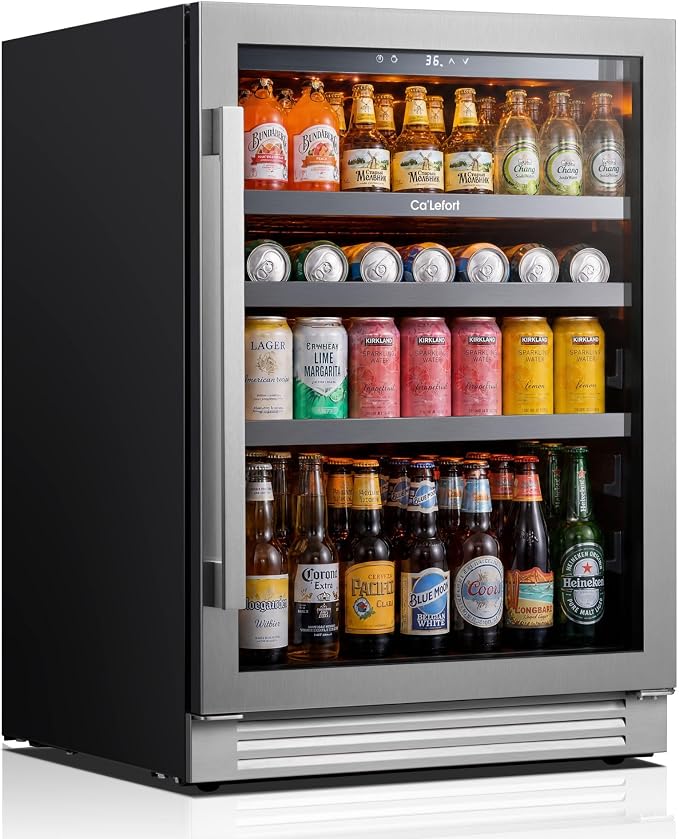 Ca'Lefort Beverage Refrigerator 24 Inch, 180 Cans Mini Fridge with Double Glass Door, Built-in or Freestanding Drink Cooler with Amber LED Light, Beverage Fridge for Kitchen Bar Office(Right-Hinged) - Image 7