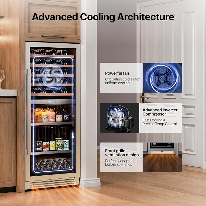 Ca'Lefort 24 Inch Dual Zone Wine & Beverage Center, 112 Can & 40 Bottle | 55-Inch Tall Wine Cellar, Quiet Inverter Compressor, Precise 40-65°F Temperature Control, Glide-Out Shelves & Storage Drawer - Image 7