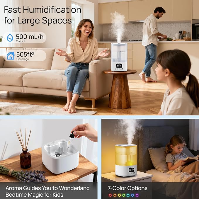 5L Top Fill Ultrasonic Humidifier,Cool Mist Humidifiers with Timer & Humidity Control for Bedroom, Baby, Large Rooms & Plants (White) - Image 8
