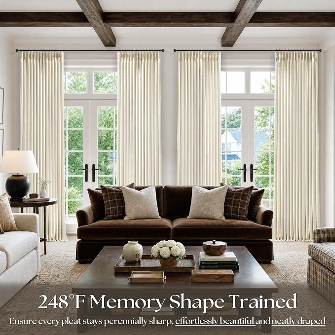 Cream Beige Pinch Pleated Linen Curtains 108 Inch 4 Panels Set - Image 7