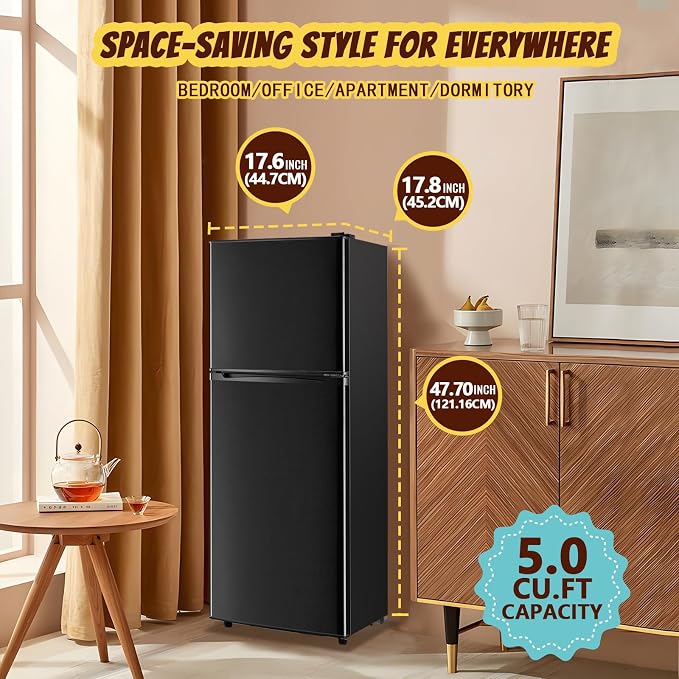 5.0 Cu.Ft Small Refrigerator with Freezer Double Door Mini Fridge Top Freezer Adjustable Temperature for Dorm Office Apartment Black - Image 6