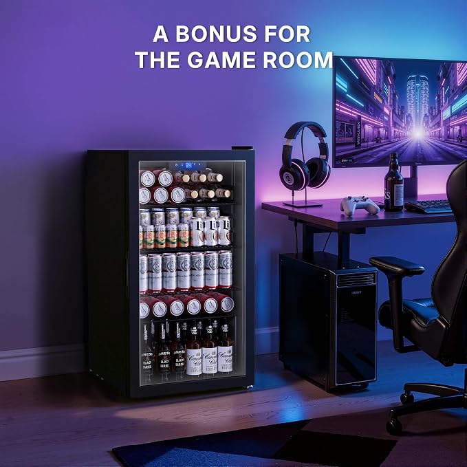 130 Can Beverage Refrigerator, 3.2 Cu.ft Mini Fridge, Glass Door, Black | 34-64°F, LED Interior Light, Adjustable Removable Shelves, Beverage Cooler for Bedroom, Office, Bar - Image 8