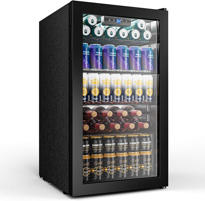 3.2 Cuft Beverage Fridge, 130 Can Mini Fridge With Glass Door, Black | Adjustable Shelves for Wine & Beer, Digital Temp Display, Freestanding for Home & Office, Quiet Compressor Cooling by Tehanld