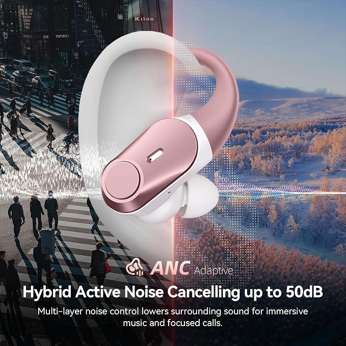 Active Noise Cancelling Ear Buds Wireless Earbuds 80H Playtime Bluetooth Headphones with LED Display Case, Hi-Res Audio Clear Calls Earphones with Over Ear Hooks for Running Gym Workout Travel Rouge - Image 2