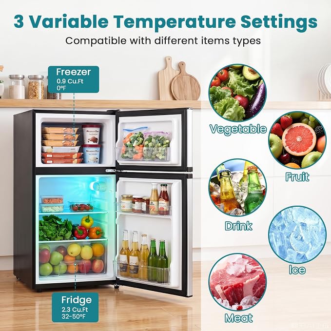 3.2 Cu.Ft Mini Fridge with Freezer, Quiet Small Refrigerator | Double Door, Adjustable Thermostat and Removable Glass Shelves, For Office, Bedroom, Dorm and Apartment - Image 2