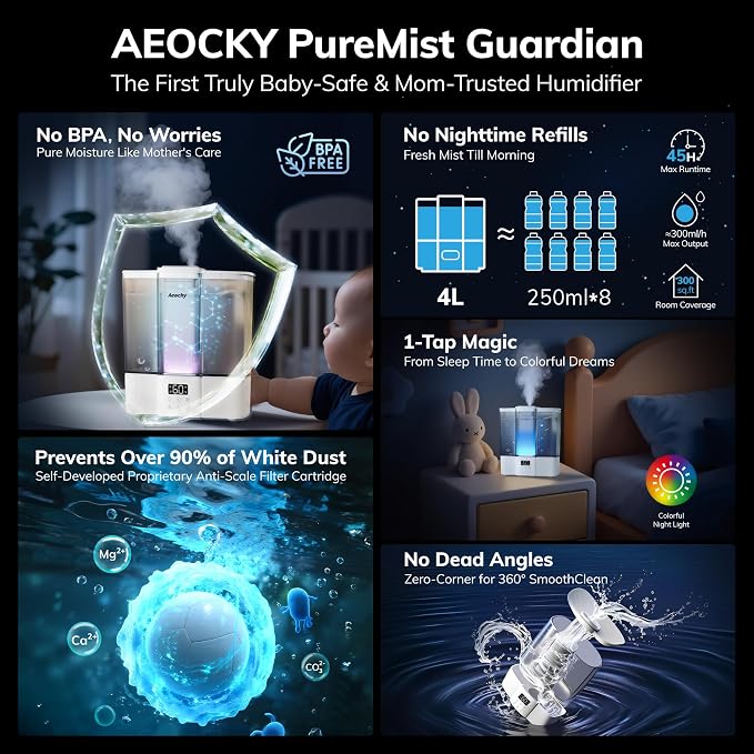 Geek-Level Aeocky Humidifier for Baby, Quiet Ultrasonic Humidifiers for Bedroom, Nursery with Ambient Light, 4L Top-Fill Cool Mist Diffuser with Timer, Sleep, Auto, Constant Humidity Mode - Image 2