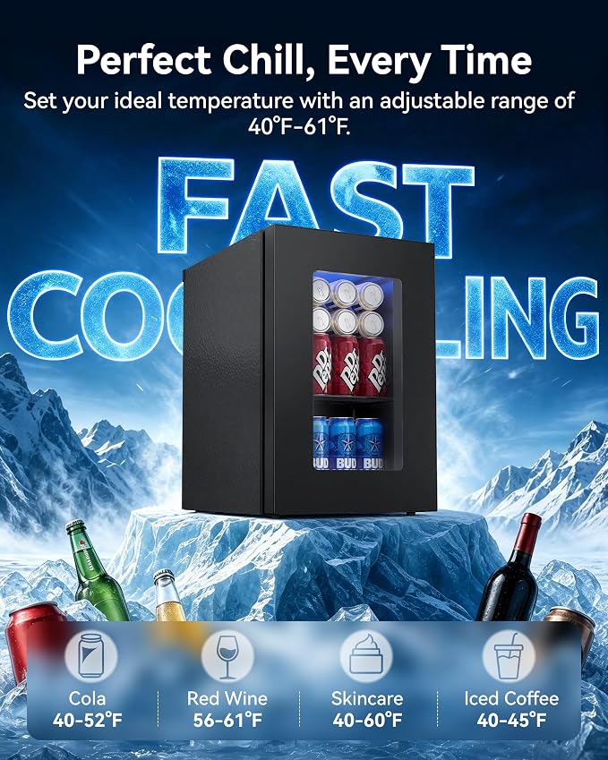 0.6 Cu.ft Beverage Cooler, Compressor Glass Door Mini Fridge 40-61°F Black | Freestanding for Office & Bedroom, Quiet Compressor, Low Energy Use, Holds Soda, Beer & Canned Drinks - Image 3