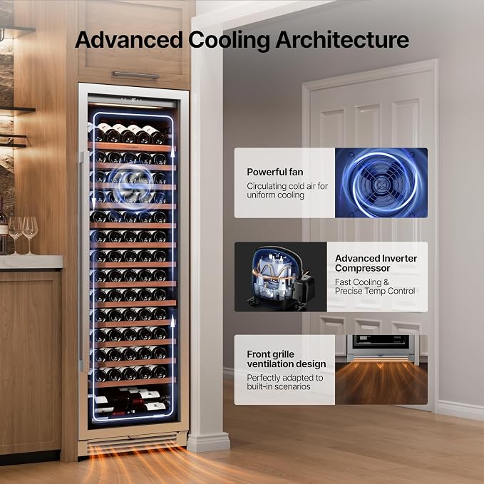 Ca'Lefort 24 Inch Wine Fridge, 166 Bottle Built-In Wine Cooler | 69-Inch Tall Wine Cellar, Quiet Inverter Compressor, 40-65°F Temperature Control, Display Shelf, Glide-Out Shelves & Drawer - Image 6