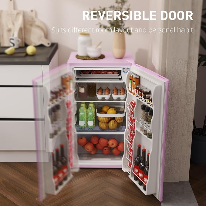 HOMCOM 3.2 Cu.Ft Mini Fridge with Freezer Single Reversible Door Pink | Compact Refrigerator, Adjustable Thermostat, Shelf, for Bedroom Dorm Home Office, Energy Efficient - Image 6
