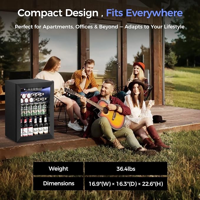 Feelfunn 1.7 Cu.Ft Beverage Refrigerator, 68 Can Mini Fridge, Black | Glass door, 40-61°F, ≤38dB, 68 cans or 16 bottles, removable shelf. For soda, beer, wine in office, dorm, home bar - Image 6