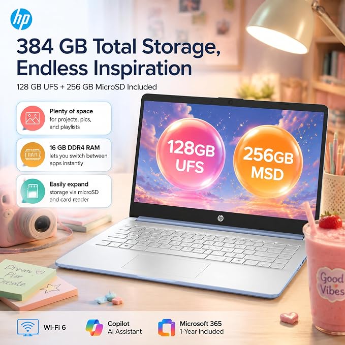 HP 14 Laptop for Students and Home Use, Intel Processor N150, 16GB RAM | 128GB UFS+256GB MSD, 14" HD Display, Wi-Fi 6, 1-Year Microsoft 365, Copilot AI Key, Lightweight, Sky Blue, W/Mouse - Image 5