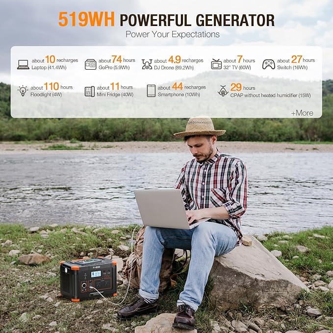 Portable Power Station 500W(Peak 1000W), 519Wh Outdoor Solar Generator Backup Battery Pack with 2 110V AC Outlets, 500W 10-Port Powerhouse for RV/Van Camping Fishing Climbing Road Trip Home Emergency - Image 2
