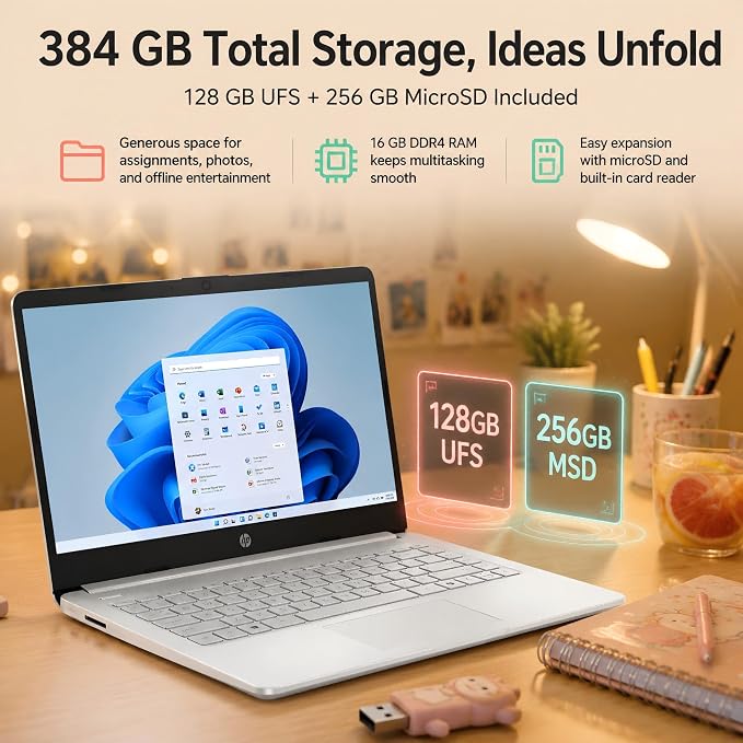 HP 14 Laptop for Students and Home Use, Intel Processor N150, 16GB RAM | 128GB UFS+256GB MSD, 14" HD Display, Wi-Fi 6, 1-Year Microsoft 365, Copilot AI Key, Lightweight, Natural Silver, W/Mouse - Image 5