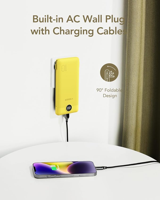 VEGER Portable Charger with Built-in AC Plug and Cables, All in One 10000mAh Ultra Slim Power Bank Travel Essentials, Fast Charging Battery Pack Compatible with iPhone, Samsung, Android (Yellow) - Image 3
