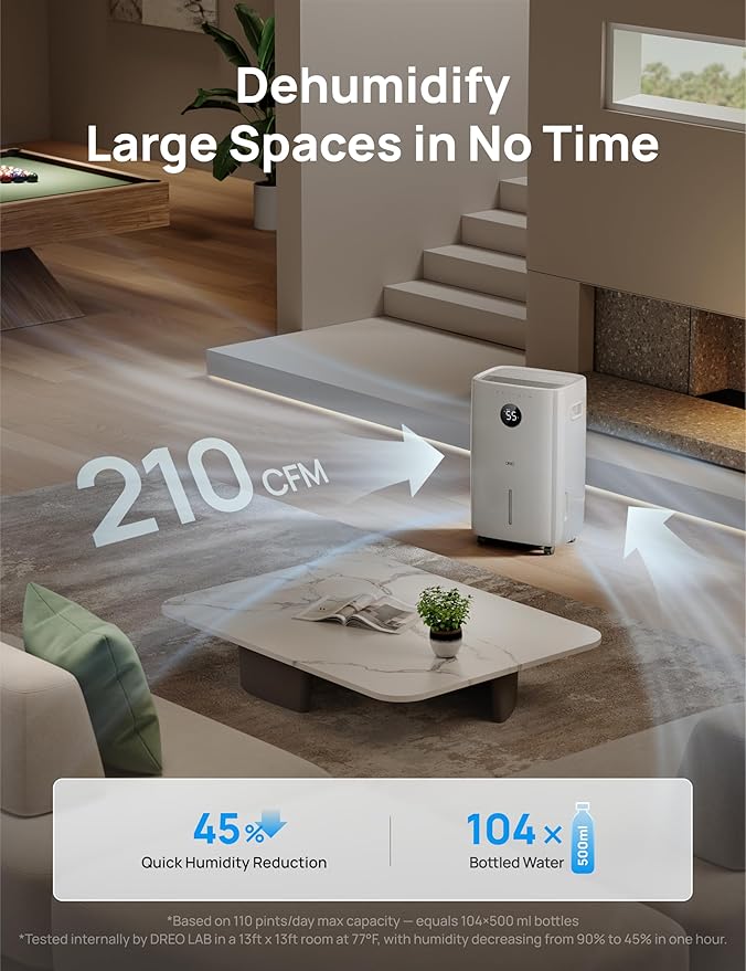 DREO 110-Pint Smart Dehumidifier for Basement, 4500 Ft² for Large Room, 2 Gallon Water Tank, Auto/Comfort/Constant Mode Dehumidifiers for Home, Bedroom, Bathroom, with Drain Hose, White, 711S - Image 3