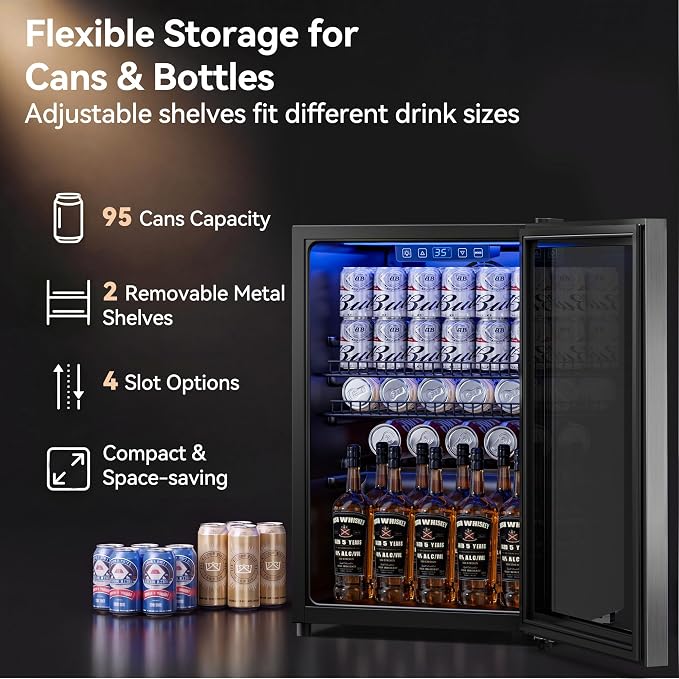 Tehanld 2.5 Cu.Ft Beverage Fridge, Glass Door Mini Fridge, Silver, 96 Can | Adjustable Shelves for Wine & Beer, Digital Temp, Holds Up to 96 Cans, Freestanding for Home & Office - Image 3