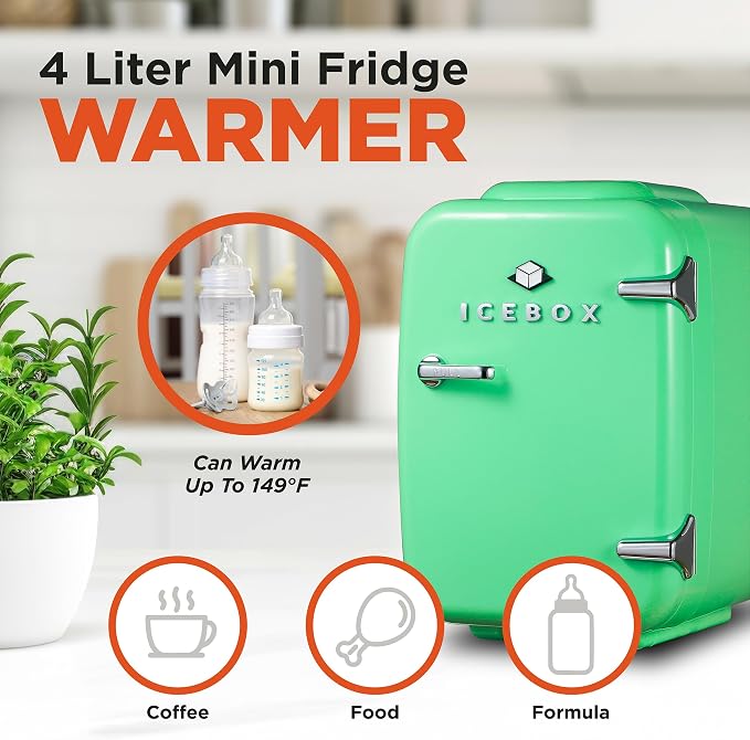 IceBox 4-Liter Mini Fridge Cooler/Warmer, IBMF4MNT, Mint Green | Portable Refrigerator Holds 6 Cans, Compact for Skincare, Beverages and Food, Includes 120V AC and 12V Car Adapters - Image 3