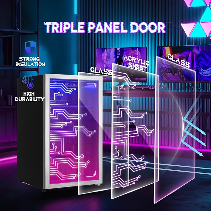 Cyberpunk Beverage Cooler, 130 Can Mini Fridge, LED Light Door, Gaming Room | Colorful LED Ambient Lighting, Freestanding for Bar & Party, Adjustable Shelves for Cans & Bottles - Image 2