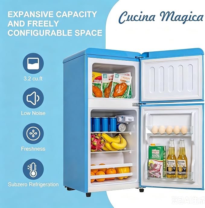 Fridge with Freezer, 3.2 Cu.Ft Retro Double Door Refrigerator with 7 Level Thermostat, Adjustable Removable Glass Shelves for Bedroom Office Apartment Dorm Bar (BLUE, 3.2 Cu.Ft.) - Image 2
