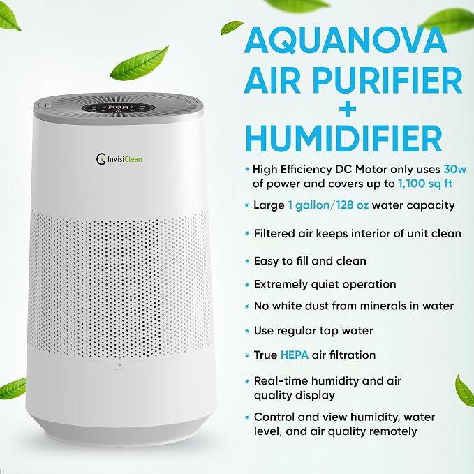 Air Purifier and Humidifier Combo All in One for Bedroom - Quiet 2 in 1 Smart Air Humidifier and Purifier for Home - Use Year-round for up to 1100 sq ft - InvisiClean AquaNova - Image 6