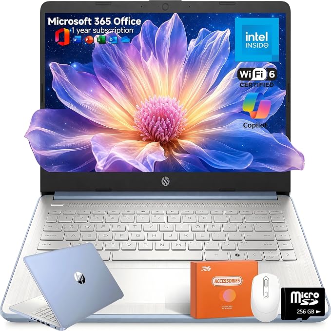 HP 14 Laptop for Students and Home Use, Intel Processor N150, 16GB RAM | 128GB UFS+256GB MSD, 14" HD Display, Wi-Fi 6, 1-Year Microsoft 365, Copilot AI Key, Lightweight, Sky Blue, W/Mouse by Unknown