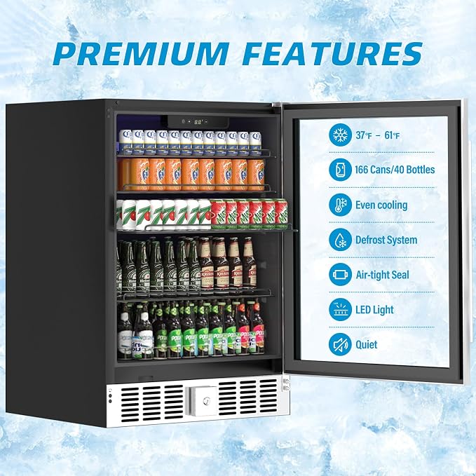 Erivess 24" Fridge 166 Can Wine and Beverage Refrigerator Cooler Glass Door | 5.3 Cu Ft Drink Fridge Large Capacity for Home/Bar with LED Display, Digital Temperature Control, Removable Shelves, Silver - Image 3